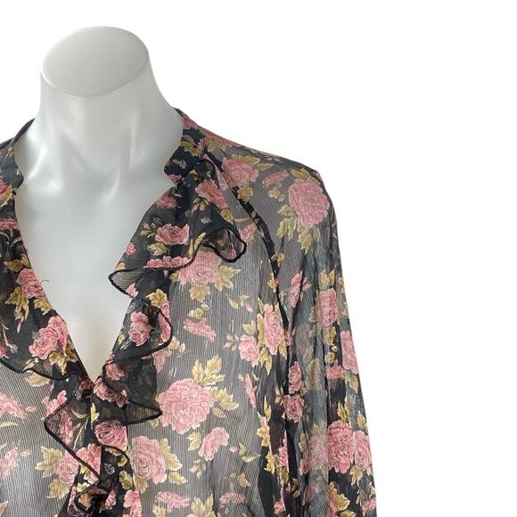 Zara Women's Floral Sheer Mesh Long Sleeve Ruffle V Neck Shirt Blouse Top Size S - Picture 2 of 5